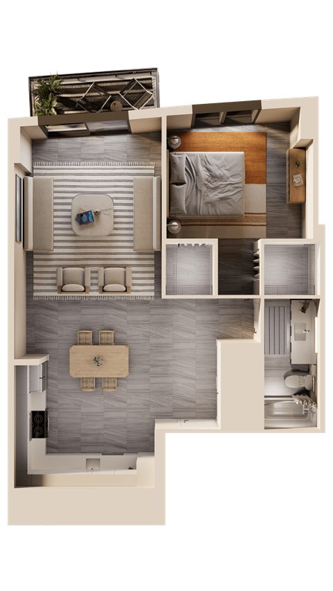 Floor plan for 1 bed, 1 bath, 829 sqft